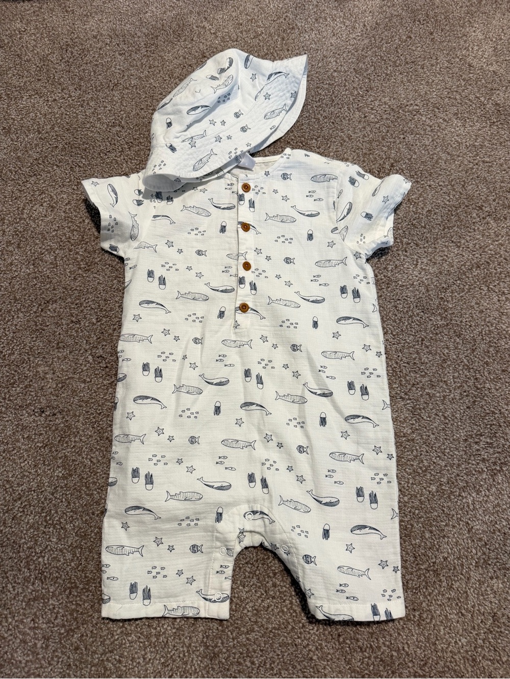 Nordstrom White One-Piece Romper with Navy Sea Print and Hat